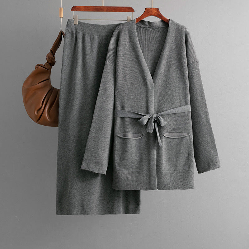 V-neck loose jacket+skirt two-piece set