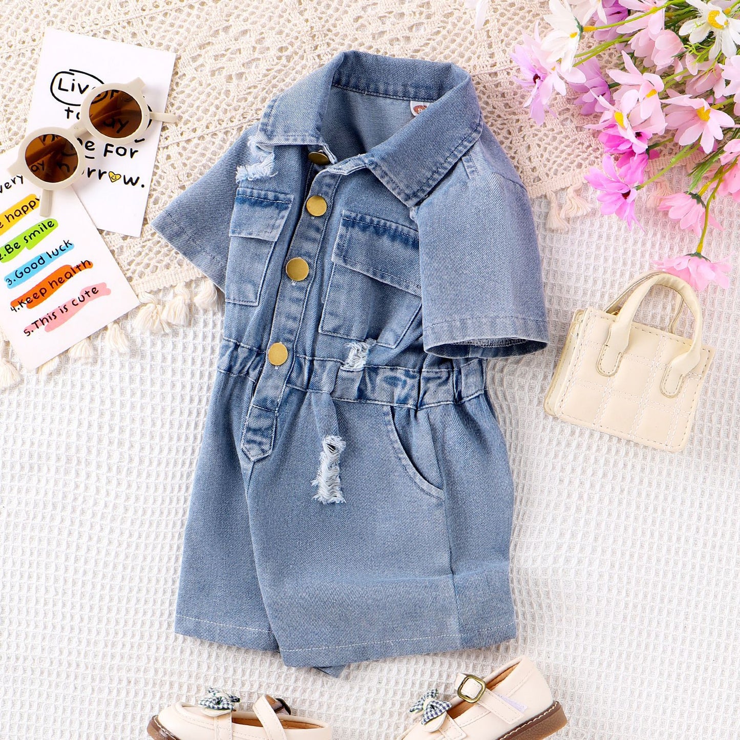 Collar ripped denim jumpsuit