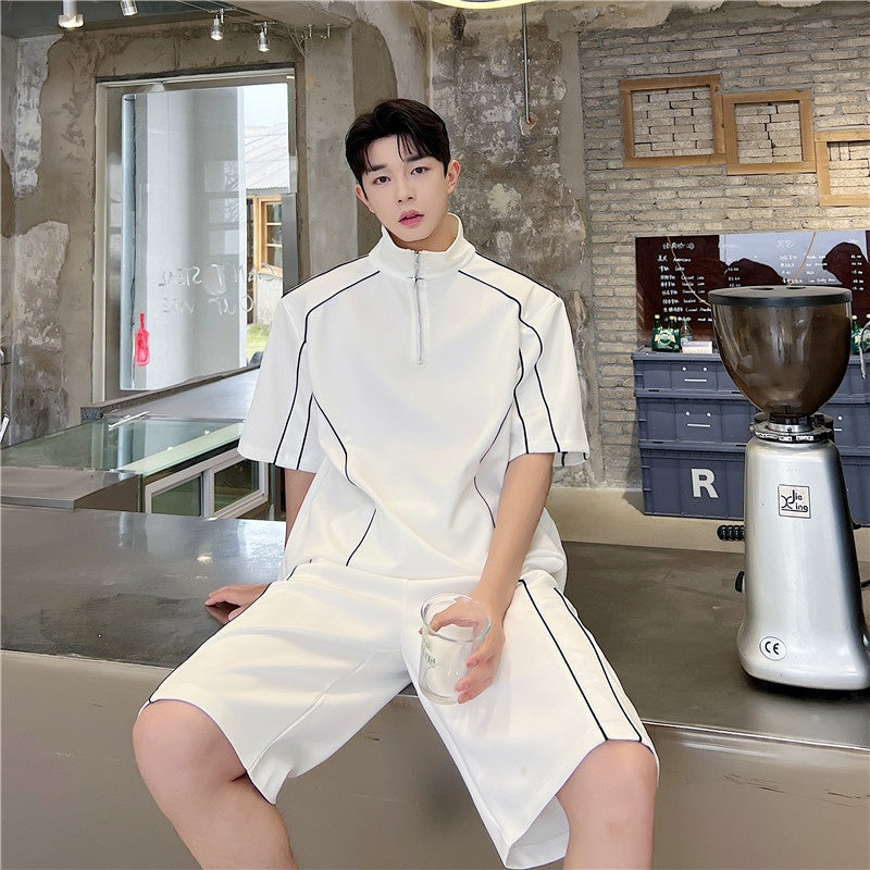 Loose half zipper niche shorts two-piece set