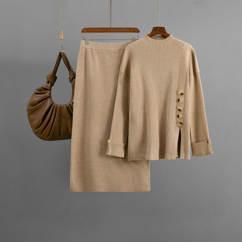Side slit button decoration sweater half skirt two-piece set