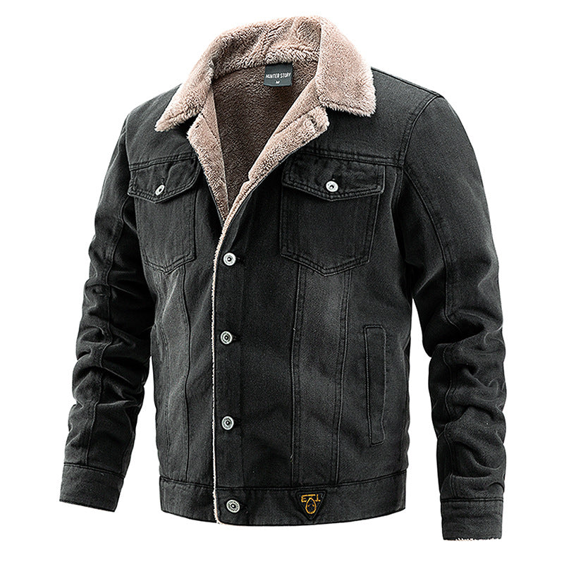 Denim jacket with plush and thick coat for men's casual denim jacket