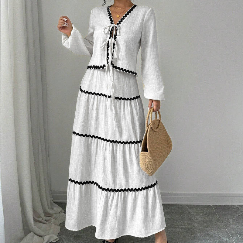 Elegant Vacation Style Long Sleeve Belted Lace A-Line Dress Set