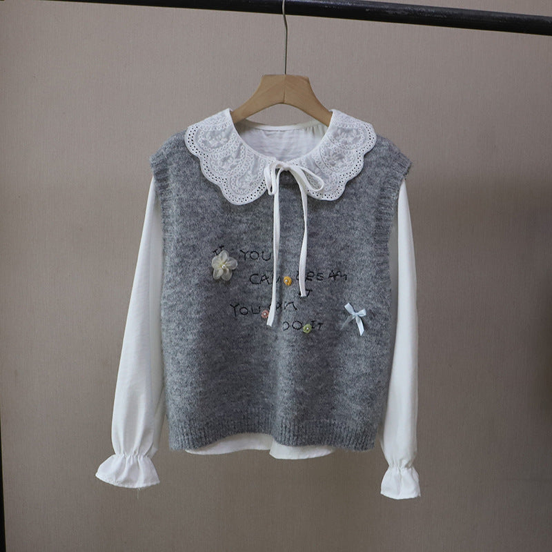 [Two-Piece Set Shirt + Sweet Youthful Letter Knit Vest for Women