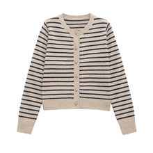 Striped long sleeved buttoned knit sweater jacket