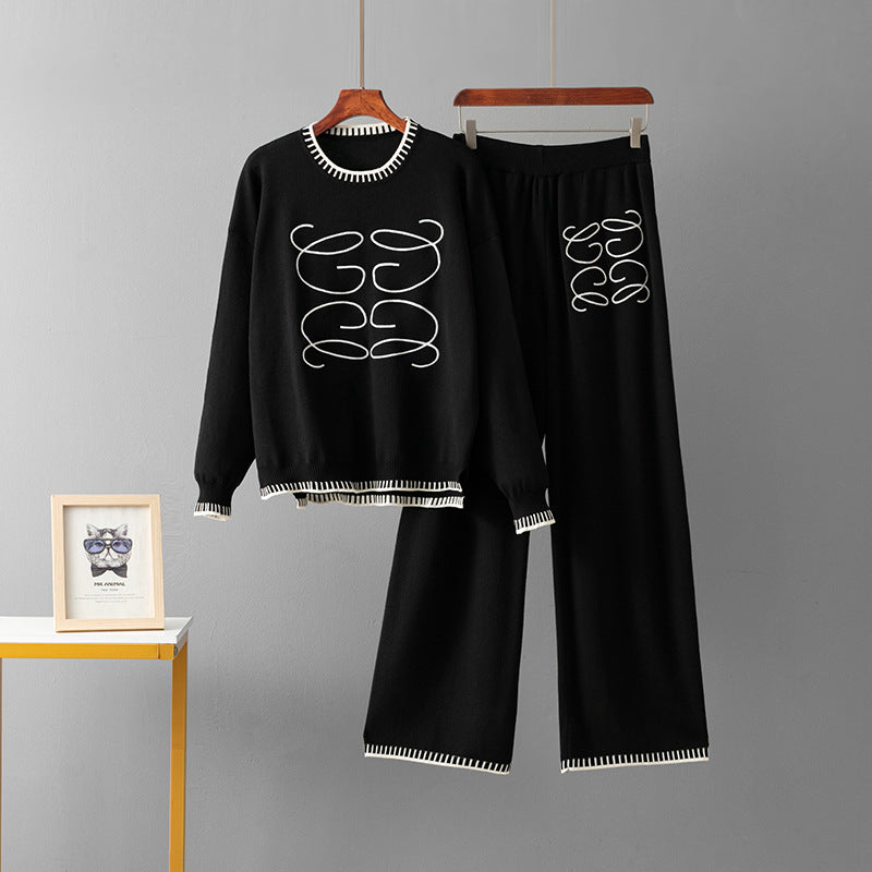 Solid color round neck loose wide leg pants set