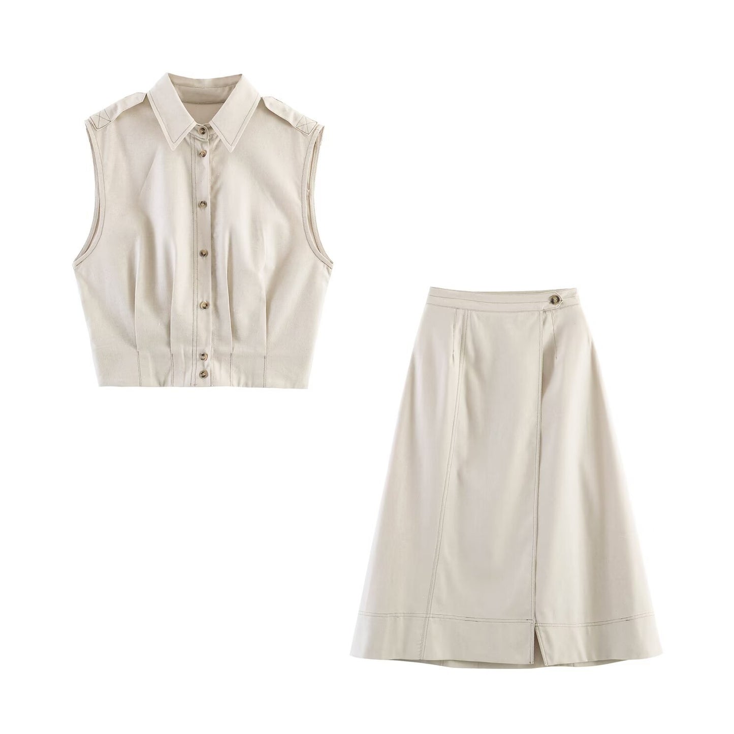 Sleeveless top+double breasted MIDI skirt set
