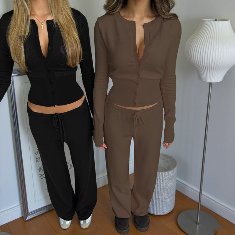 Waist knitted long sleeved top and loose pants set