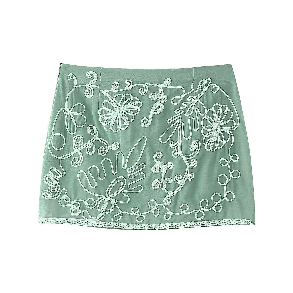 Embroidered neck top+short skirt set for women