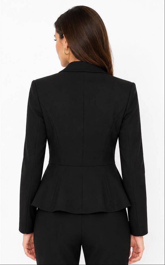 Black peplum suit jacket worn by a model on a white background