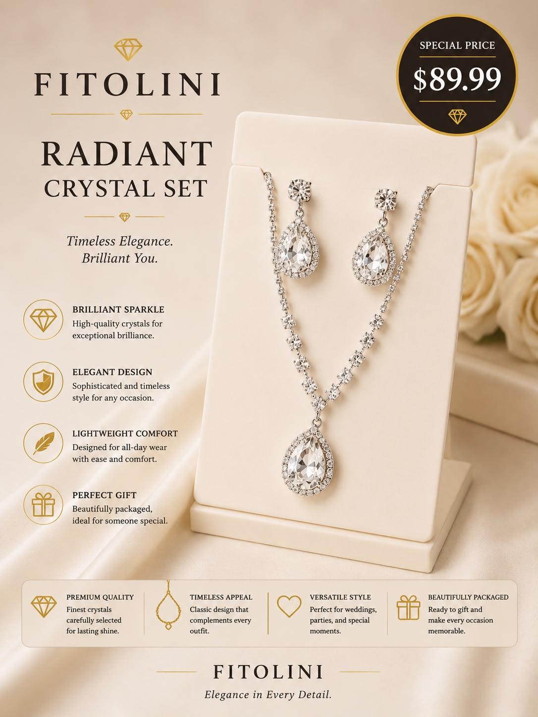 Fitolini radiant crystal necklace and earrings set with packaging on a beige background