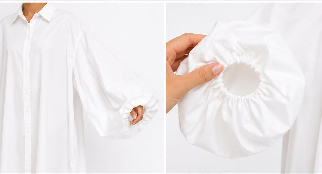 White shirt dress shown from front, back, and side views with close-up of fabric texture.