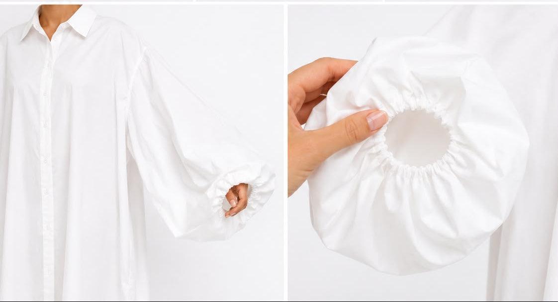 White shirt dress shown from front, back, and side views with close-up of fabric texture.