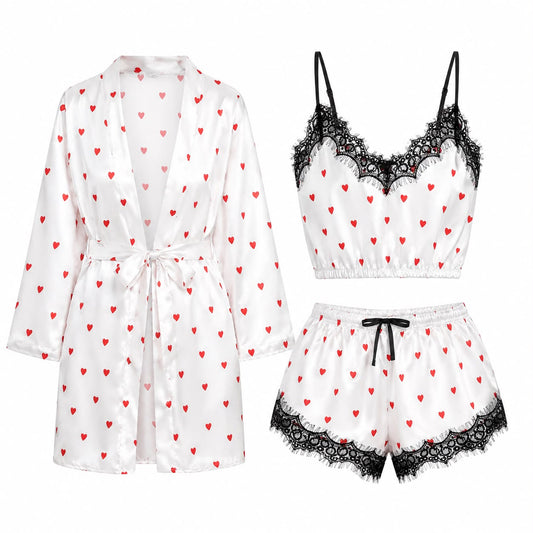 Heart Print 3-Piece Satin Lounge Set