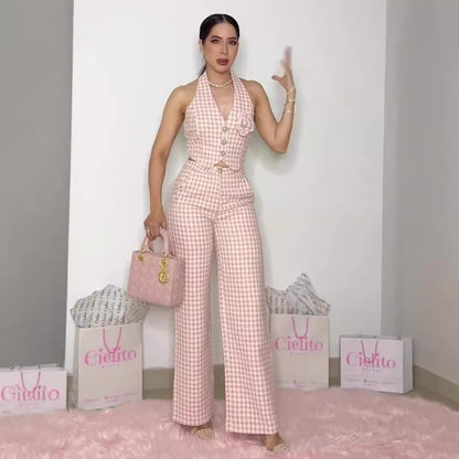 Top two-piece wide leg pants retro checkered pink set