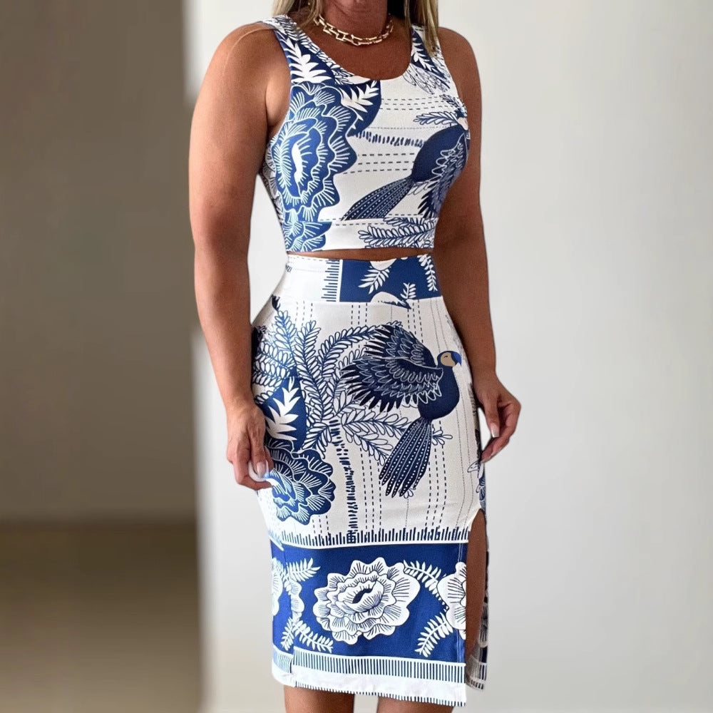New Trendy Printed Vest Top + Slit Fitted Skirt Set
