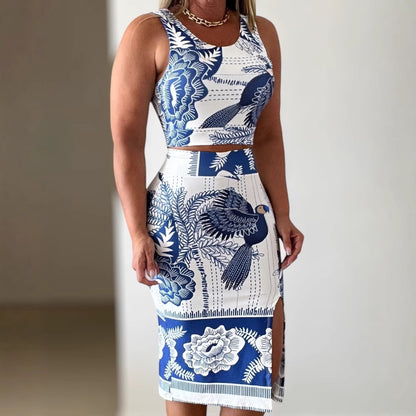 New Trendy Printed Vest Top + Slit Fitted Skirt Set
