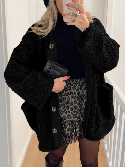 Winter coat long sleeved button down plush lambskin jacket jacket