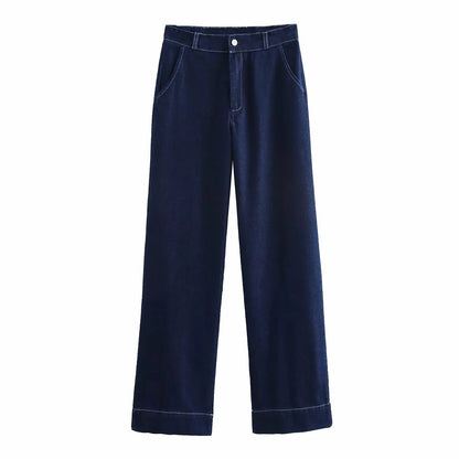 Belted Turn-Down Collar Denim Jacket Pants Set