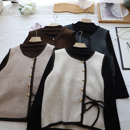 High Neck Inner Wear T-Shirt + Knitted Vest Set for Women