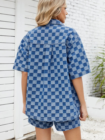 Checkered Shirt and Shorts Denim Set