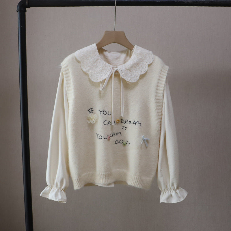 [Two-Piece Set Shirt + Sweet Youthful Letter Knit Vest for Women