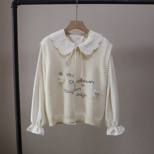 [Two-Piece Set Shirt + Sweet Youthful Letter Knit Vest for Women