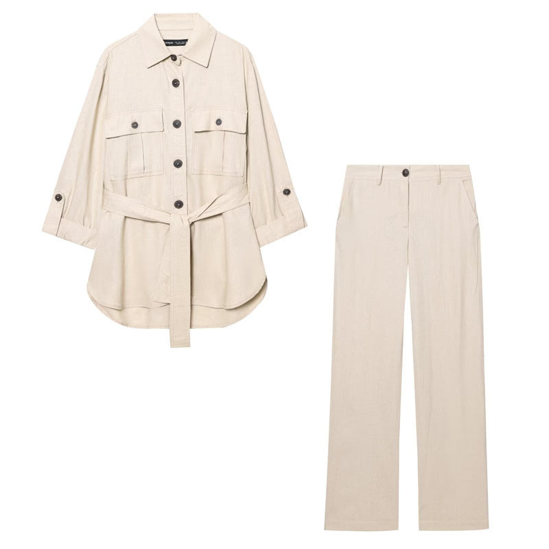 Spring New  Fashion Linen Blend Safari Shirt and Long Pants Set