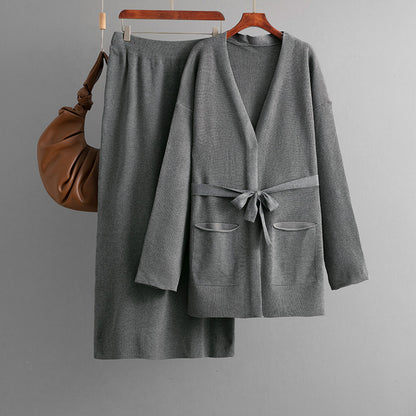 V-neck loose jacket+skirt two-piece set