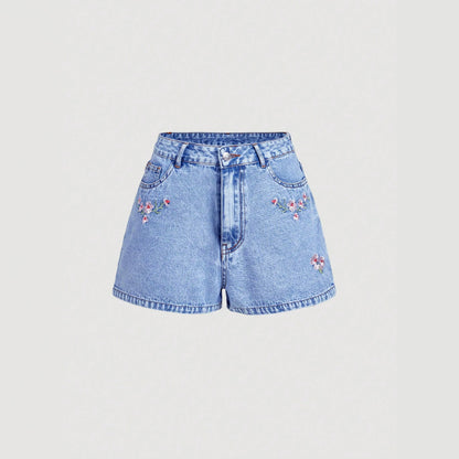 Embroidered denim shorts