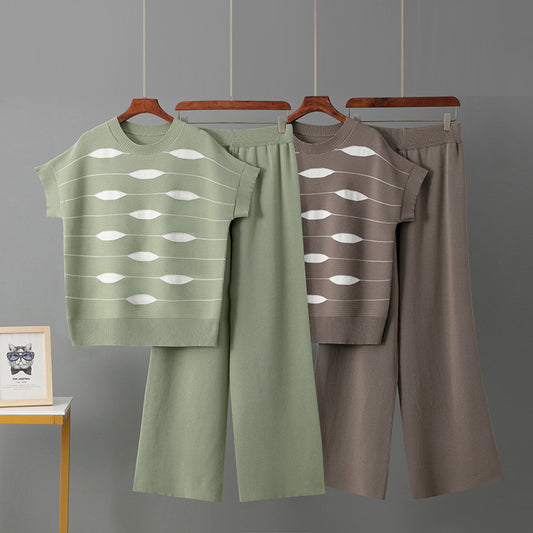 Round neck wide leg pants two-piece set