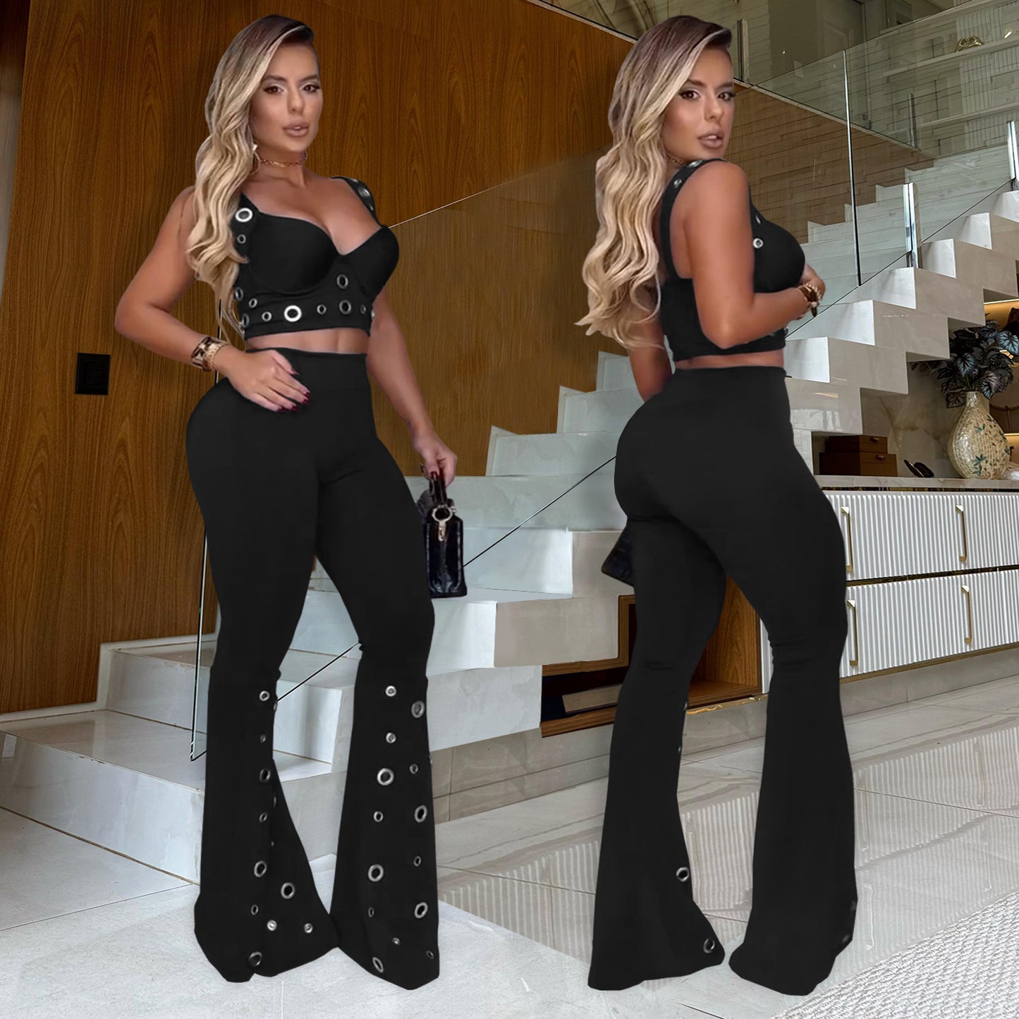 Women's Set - Elegant and Sexy Top with Wide-Leg Pants