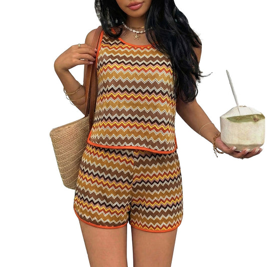 Wave patterned vest and shorts set