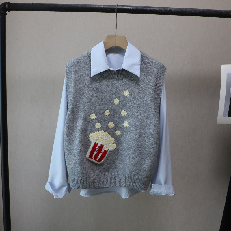 Fashionable Two-Piece Set of Flannel Shirt + Embroidered Knit Vest for Women