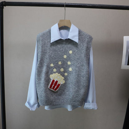 Fashionable Two-Piece Set of Flannel Shirt + Embroidered Knit Vest for Women