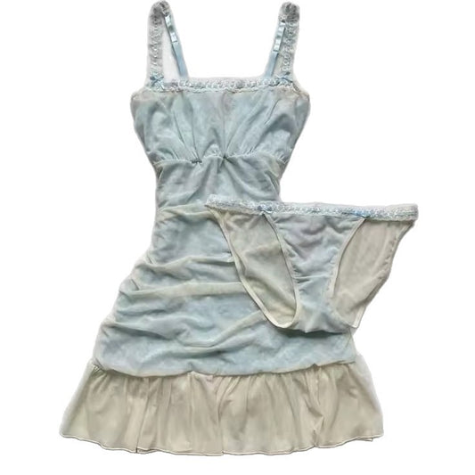 Spliced Lace Summer Waist-cinching Slimming Strapless Dress and Panty Set