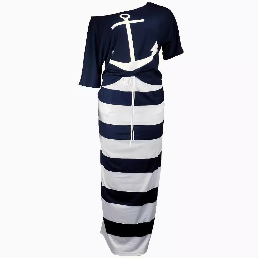 Women's Two-Piece Set Off-Shoulder Nautical Anchor Skirt Set