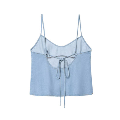 Women's Clothing Strap Bow Denim Top + Long Pants Set