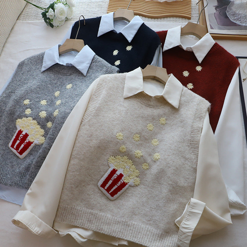 Fashionable Two-Piece Set of Flannel Shirt + Embroidered Knit Vest for Women