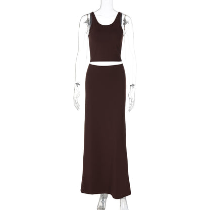 Women's Solid Color Crop Top with Fitted Pleated Skirt Set