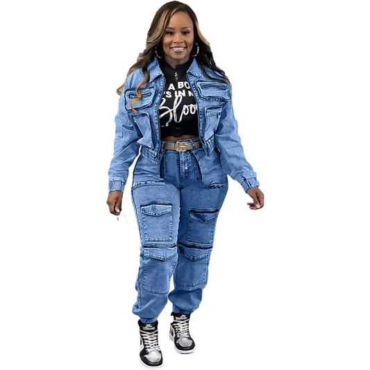 Women's Fashion Sexy High Elastic Multi-pocket Washed Denim Casual Two-piece Set