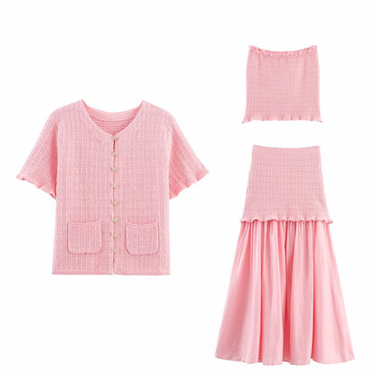 Women's Knit Jacket + One-Shoulder Tube Top + Patchwork Dress Set