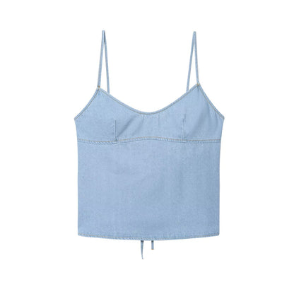 Women's Clothing Strap Bow Denim Top + Long Pants Set