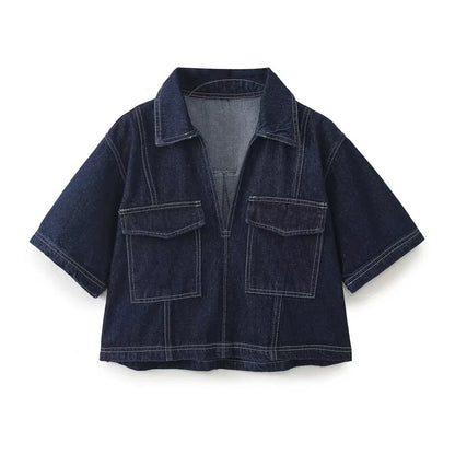 Women's Fashion Denim Short Sleeve Top + Double-breasted Denim Skirt Set