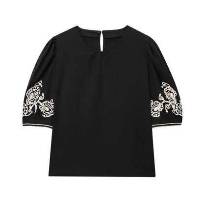 Women's Linen Blend Embroidered Top + Embroidered Wide-leg Pants Set