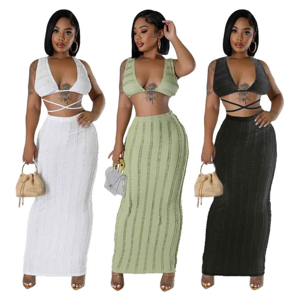 Sleeveless lace up backless skirt set