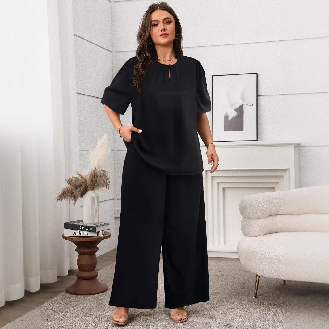 Casual Round Neck Short Sleeve Loose Wide Leg Pants Set