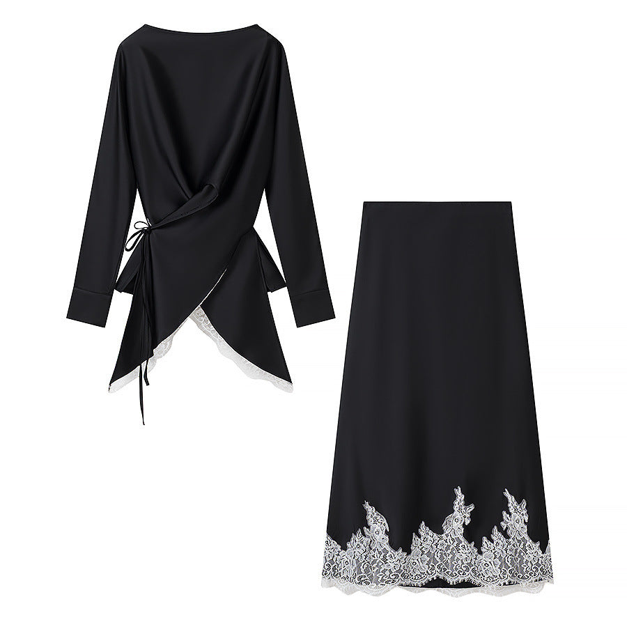 Irregular long sleeved top+long skirt set