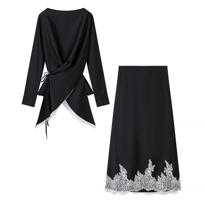 Irregular long sleeved top+long skirt set