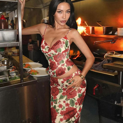 Print V-neck Mini Strapless Bodycon Long Dress Set for Women