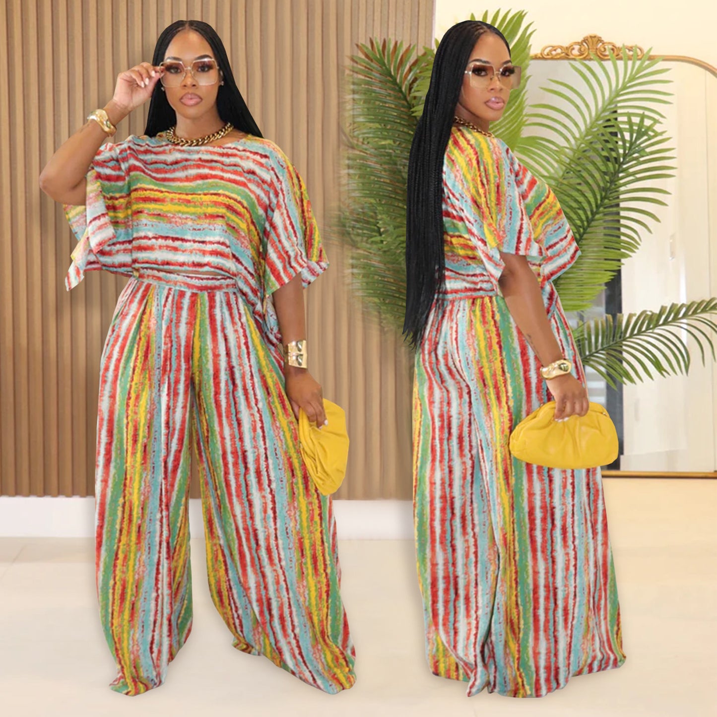 Casual Striped Top and Long Pants Two-Piece Set for Women
